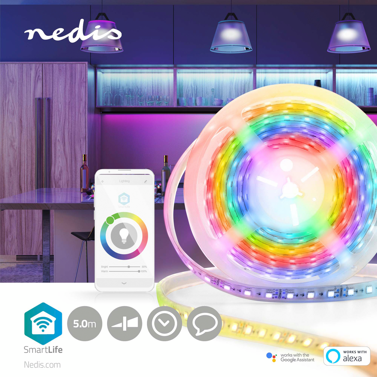 Led-nauha Nedis SmartLife Wi-Fi monivärinen 5000mm IP65 700lm