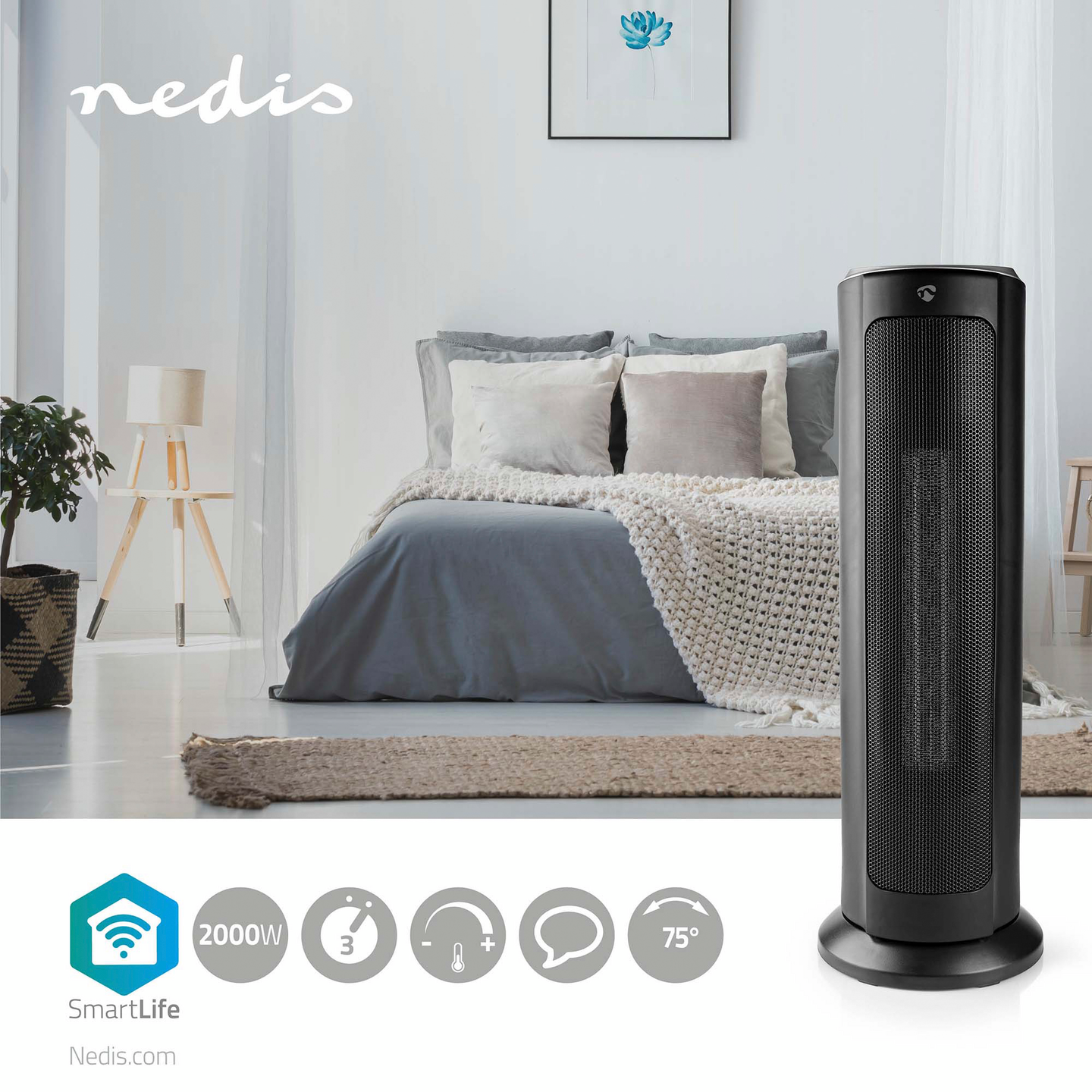 Lämpöpuhallin Nedis SmartLife Wi-Fi Torni 2000W 3 lämpöasetusta