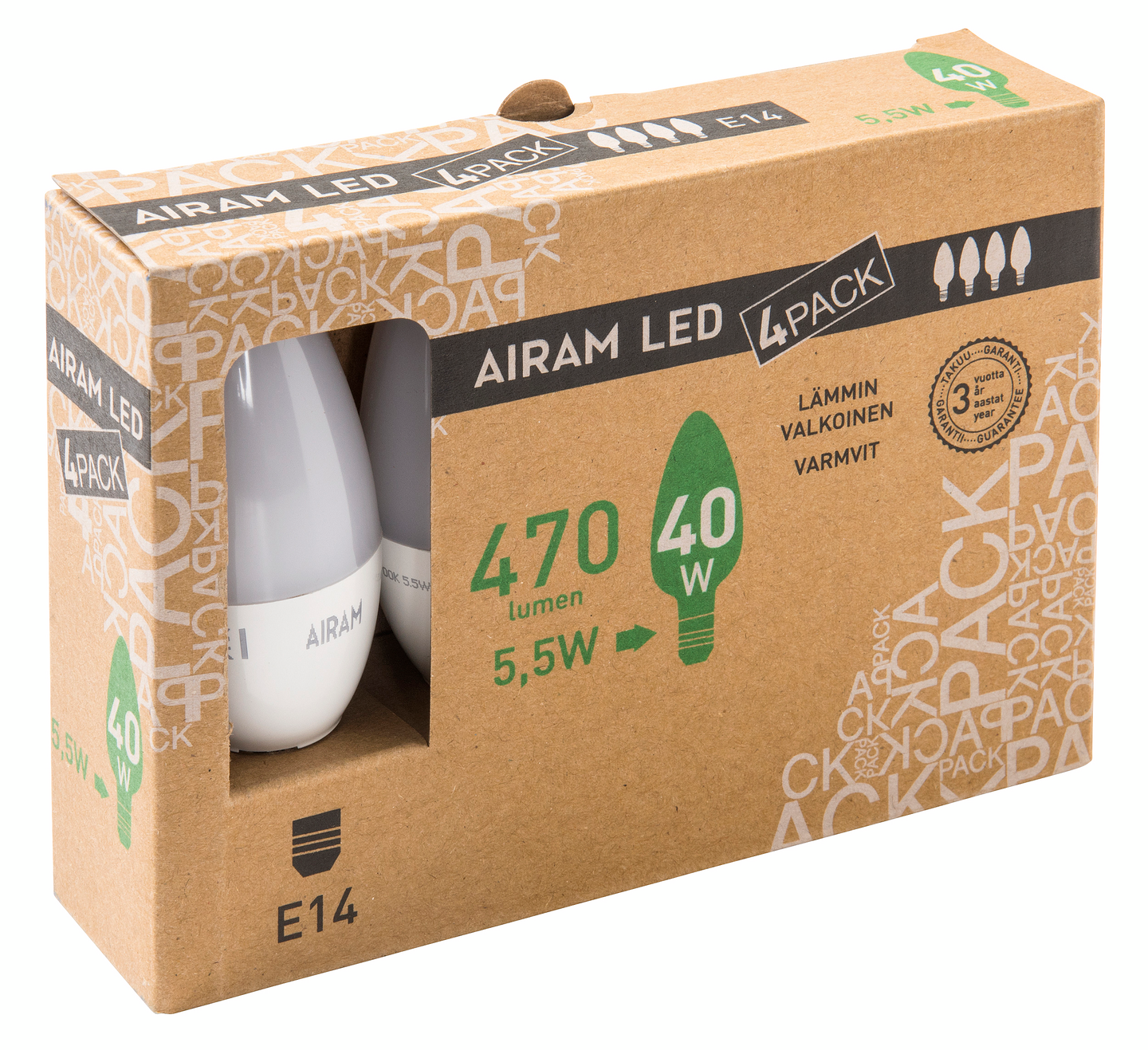 Led kynttilälamppu Airam 5,5W E14 2700K 470lm 4kpl