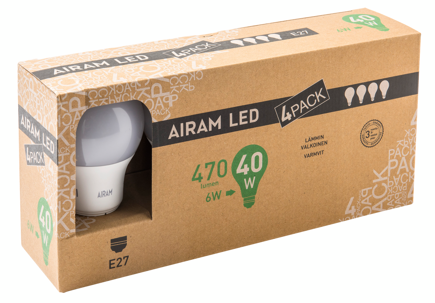 Led vakiolamppu Airam 6W E27 2700K 470lm 4kpl