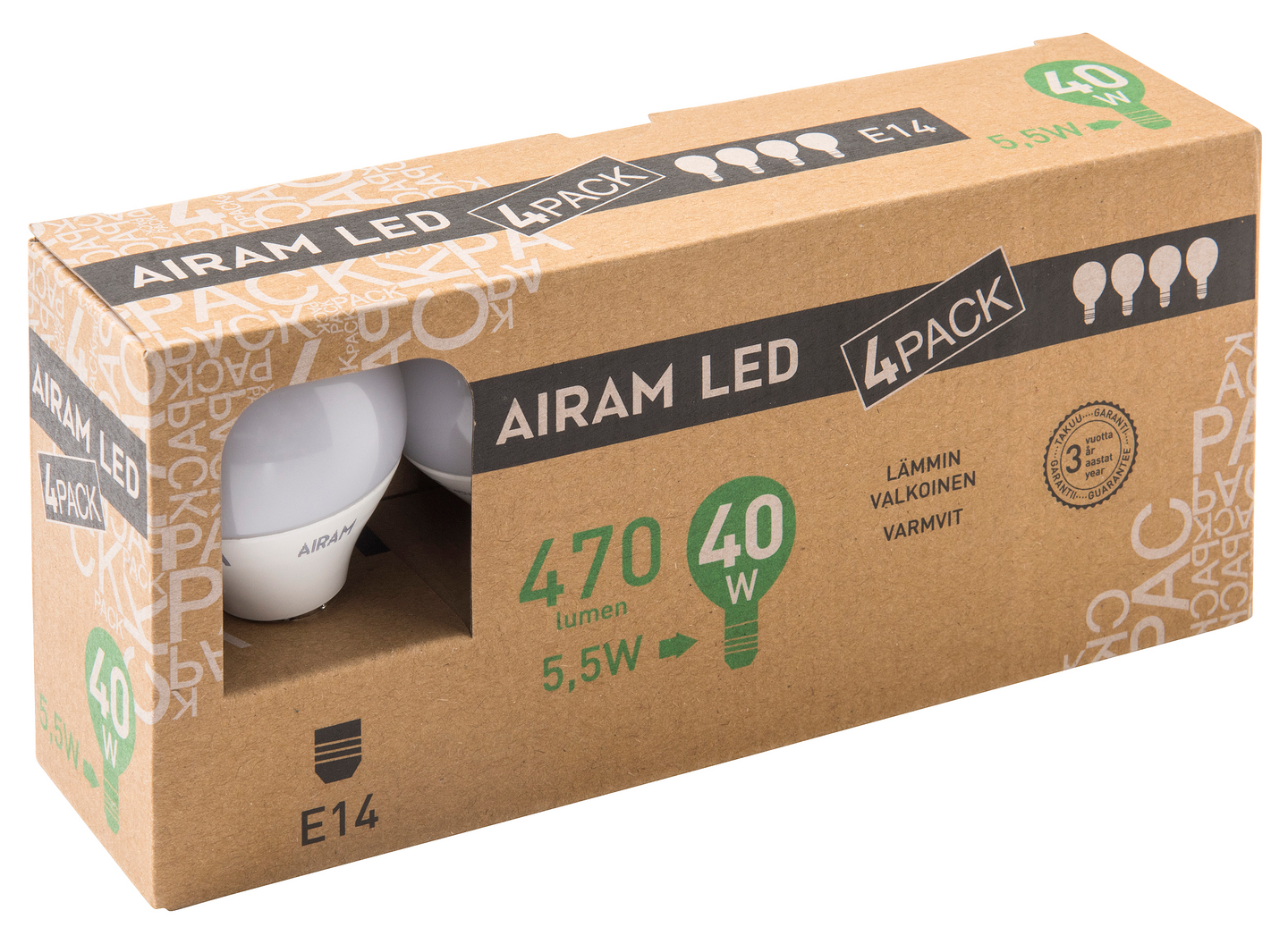 Led-mainoslamppu Airam 5,5W E14 2700K 470lm 4kpl