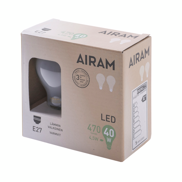 Led-lamppu Airam matta A60 4,5W/827 E27 2kpl