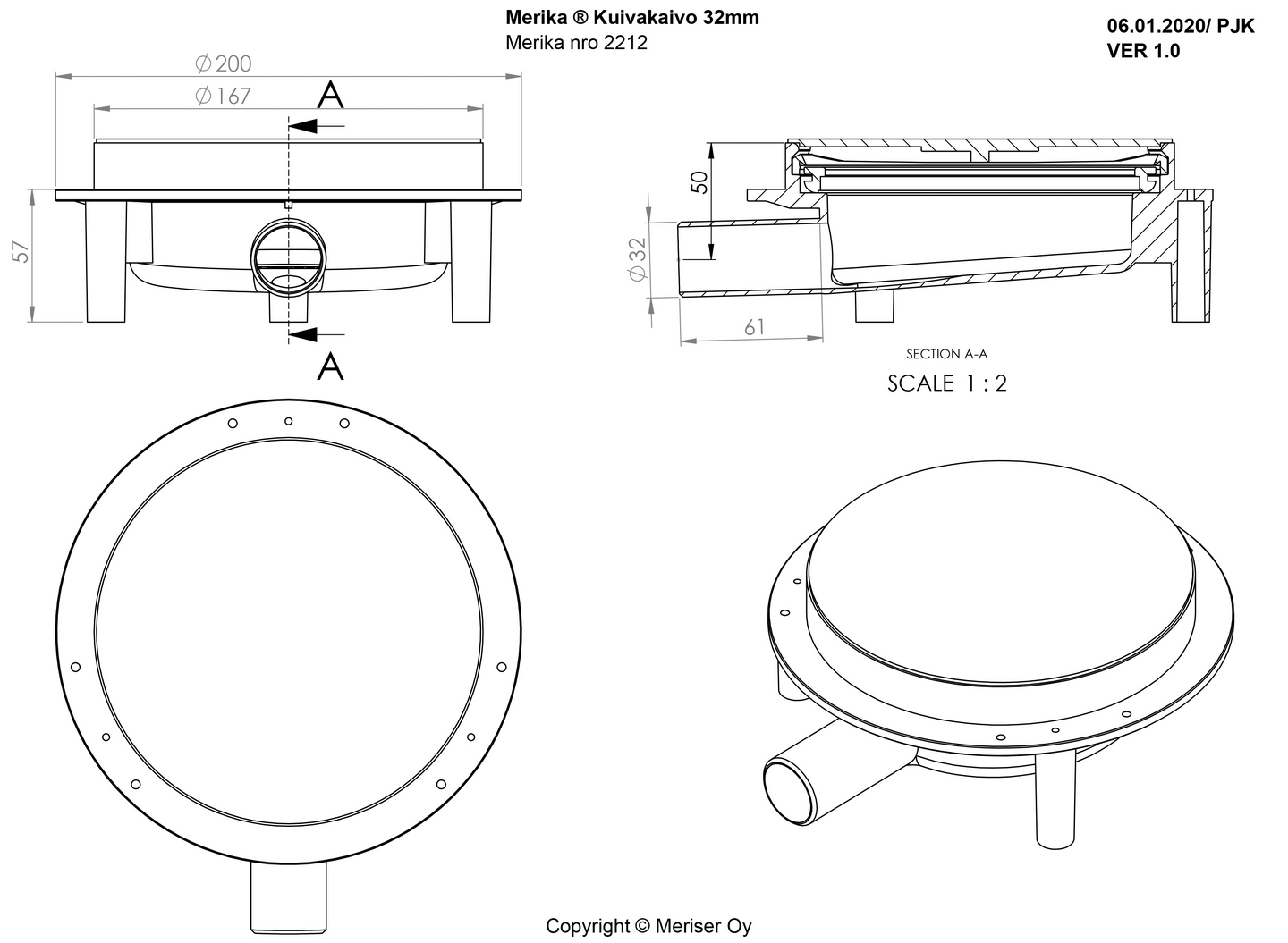 Lattiakuivakaivo Merika 32mm poistolla M-2212