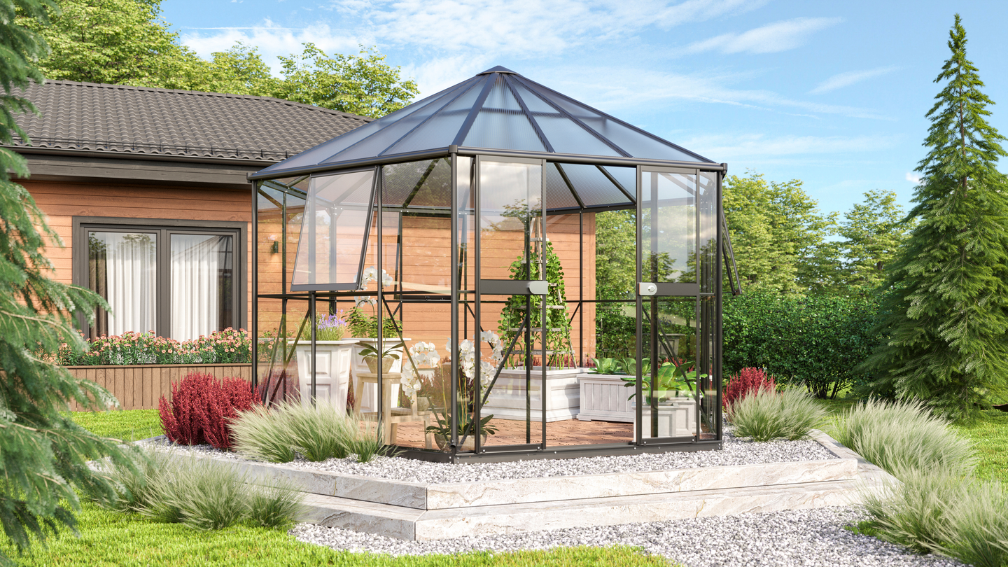 Kasvihuone Vitavia Hera 9000 karkaistu lasi kennolevy mustalla alu, sokkelilla