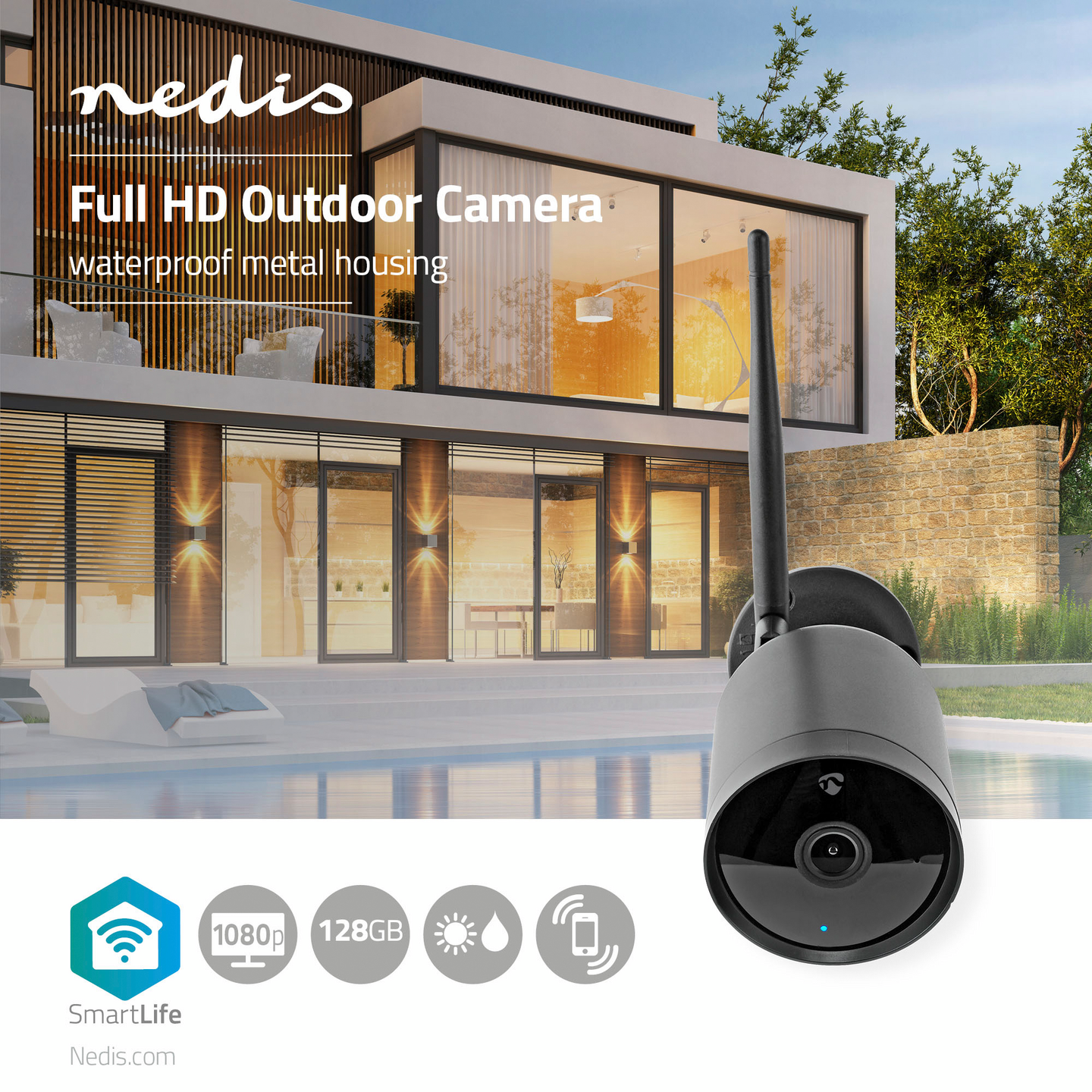 Ulkokamera Nedis SmartLife Wi-Fi Full HD 1080p IP65 Cloud / Micro SD 12 V DC
