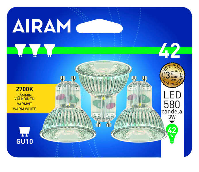Led-lamppu Airam kirkas 3W GU10 PAR16 2700K 250lm 3kpl