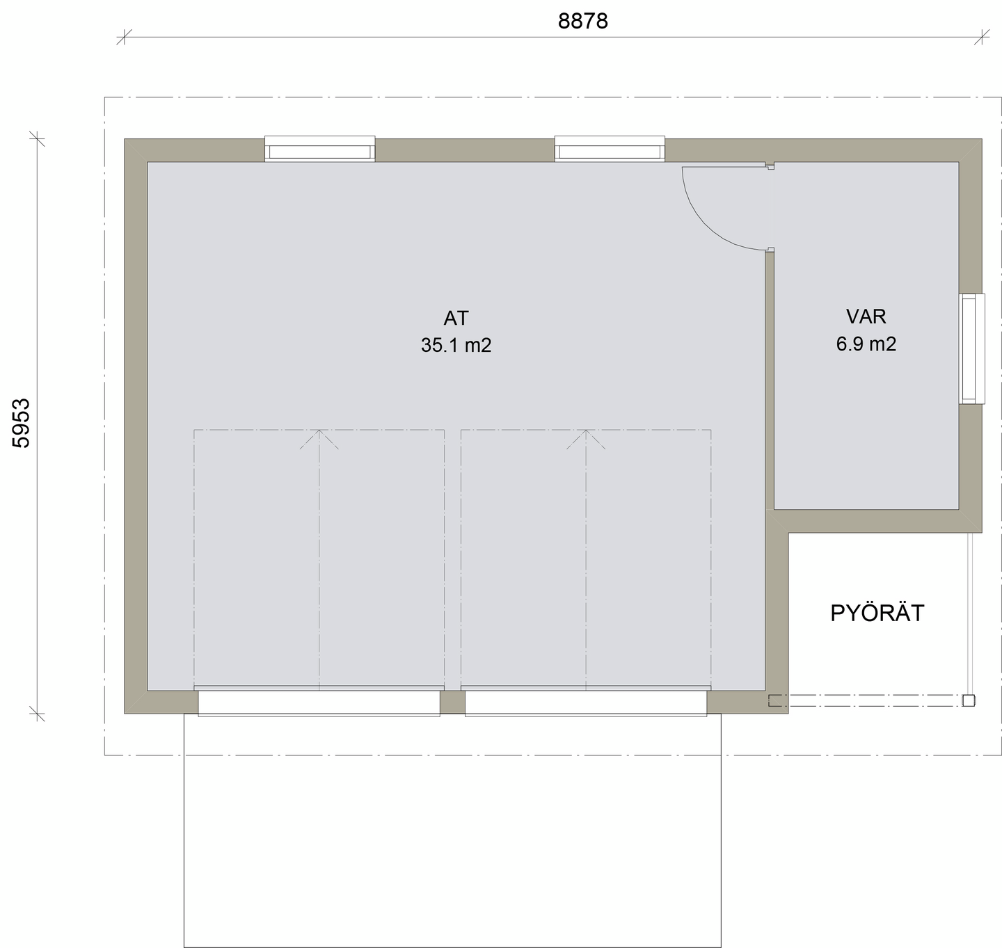 Autotalli Kimara Pontti AT49VH vaakaverhous + harjakatto 49m²