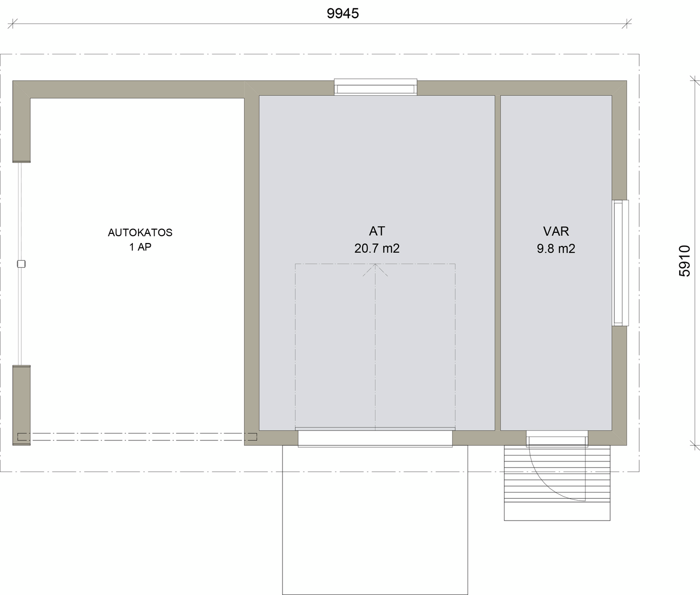 Autotalli/autokatos Kimara Pontti ATAK36,5PP pystyverhous + pulpettikatto 36,5m²
