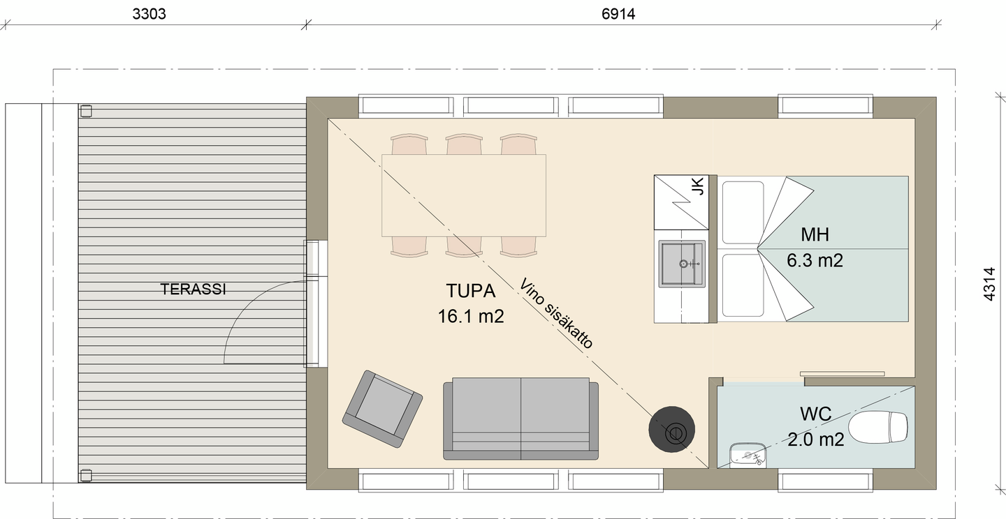 Huvila Pontti H130 30m² tupa, wc ja makuuhuone