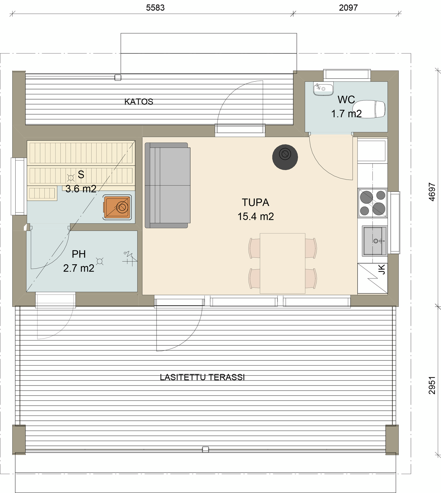 Huvila Pontti H430S 30m² tupa, wc ja sauna