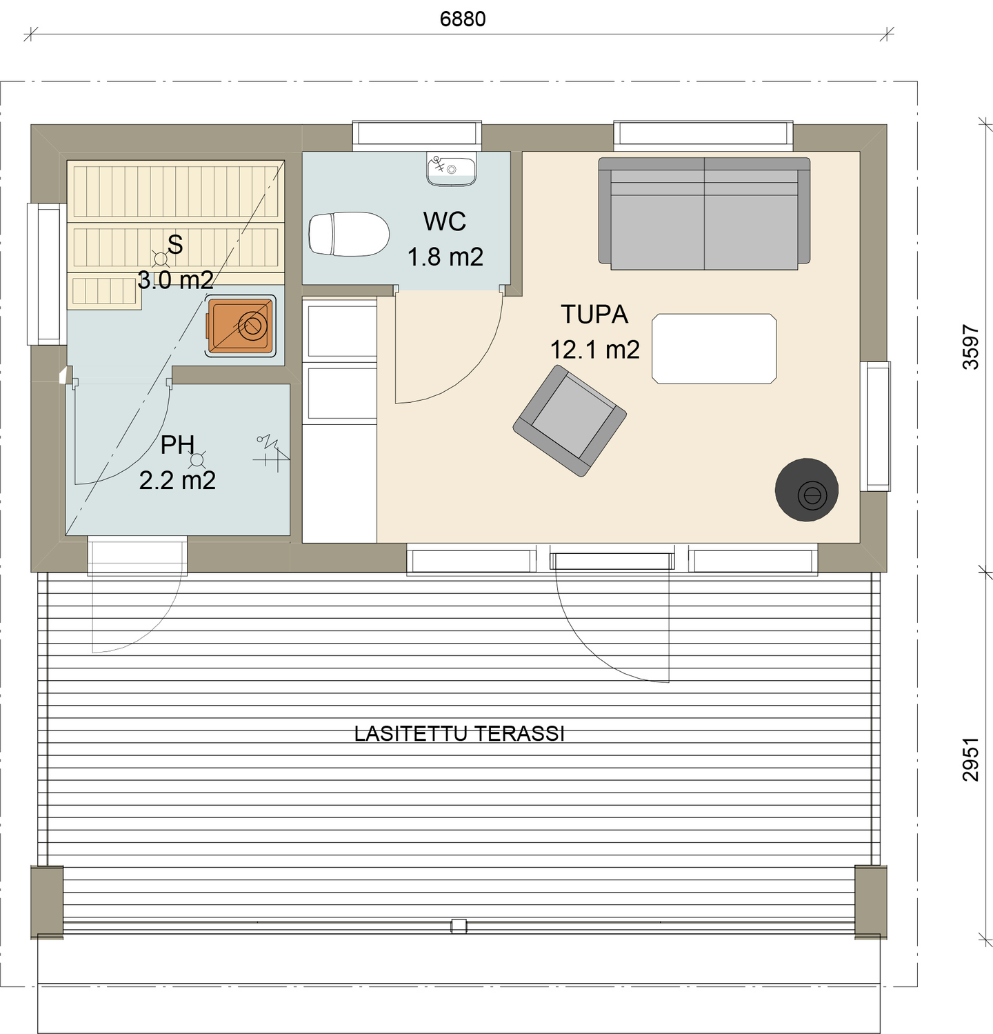 Huvila Pontti H425S 25m² tupa, wc ja sauna