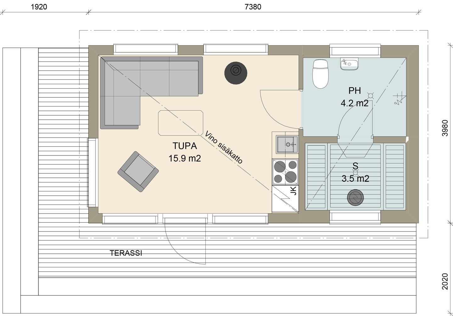 Huvila Pontti H230S 30m² tupa, wc ja sauna