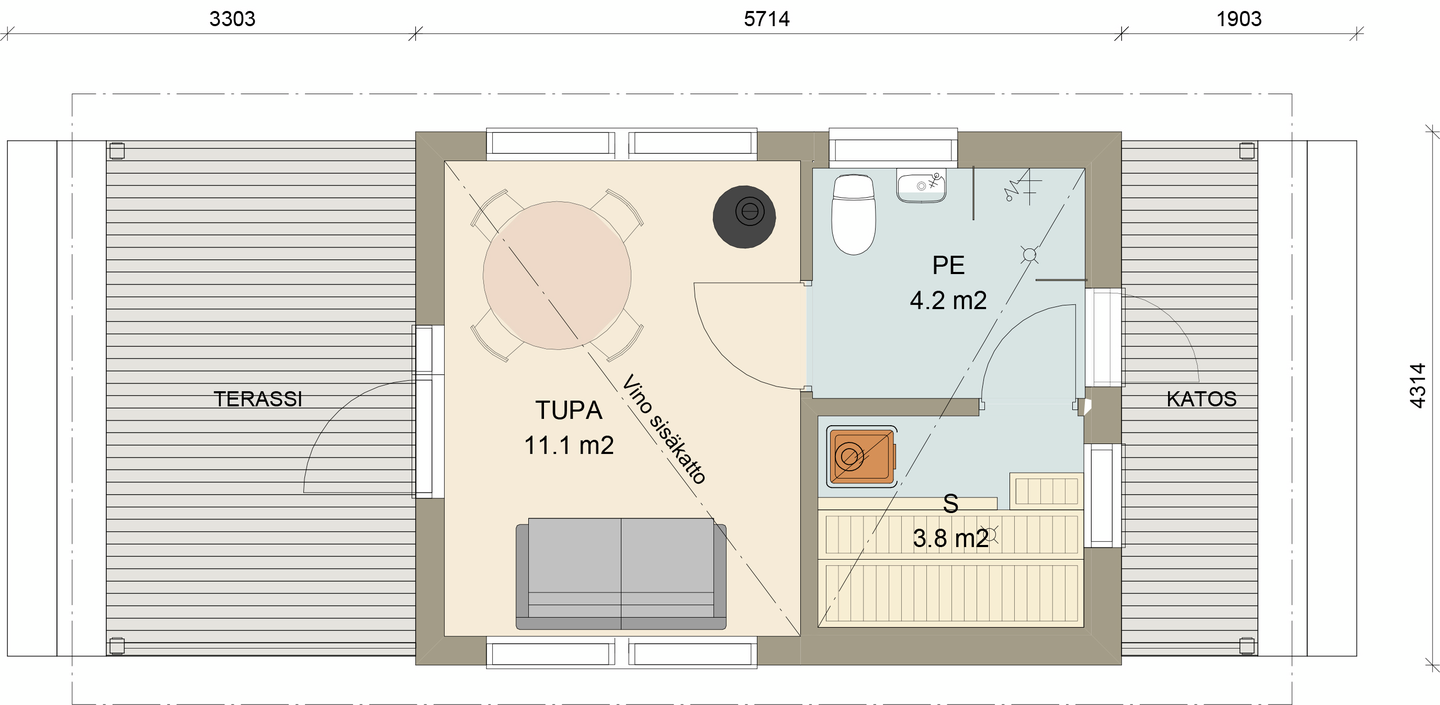 Huvila Pontti H125S 25m² tupa, wc ja sauna