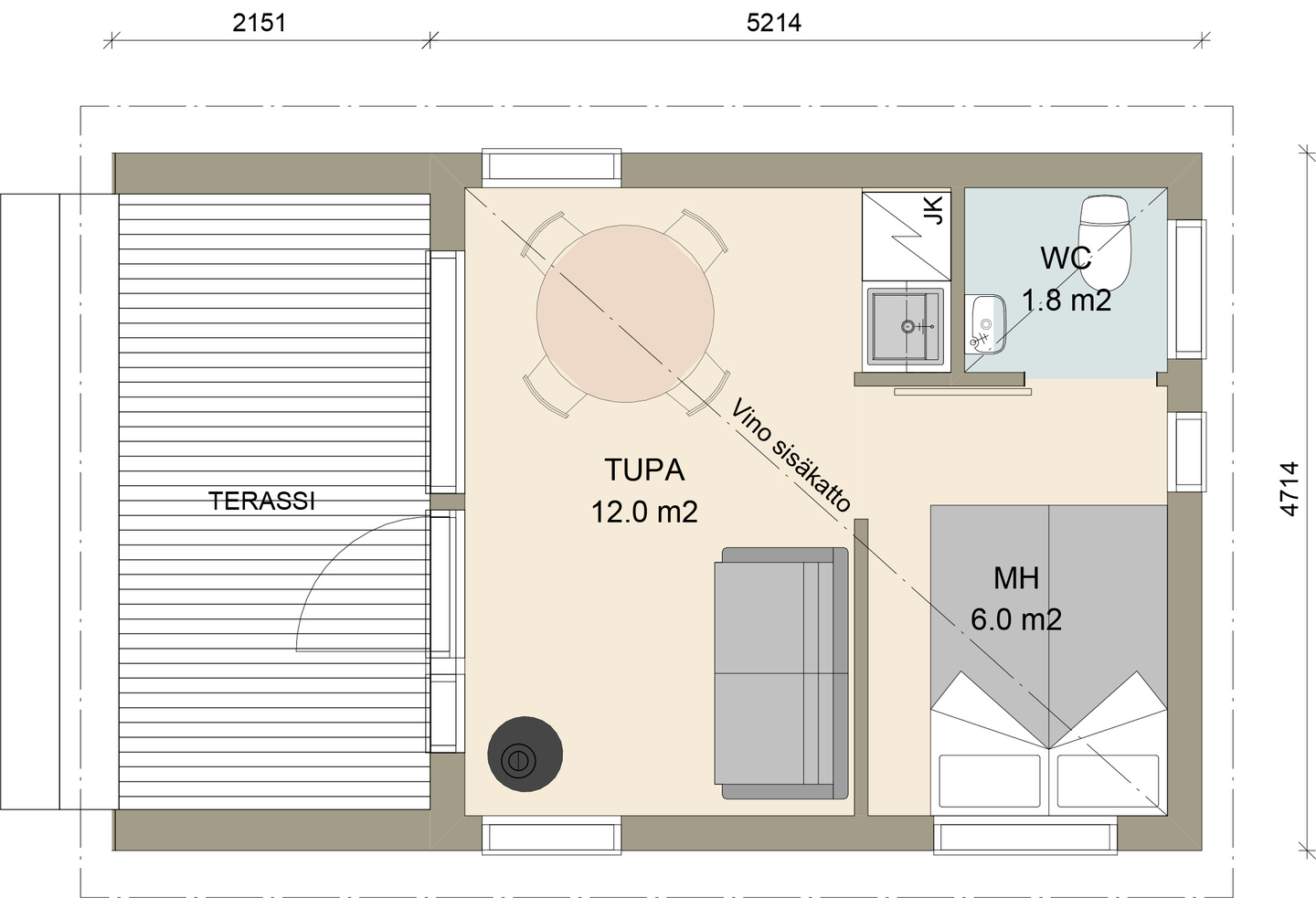 Huvila Pontti H325 25m² tupa, wc ja makuuhuone