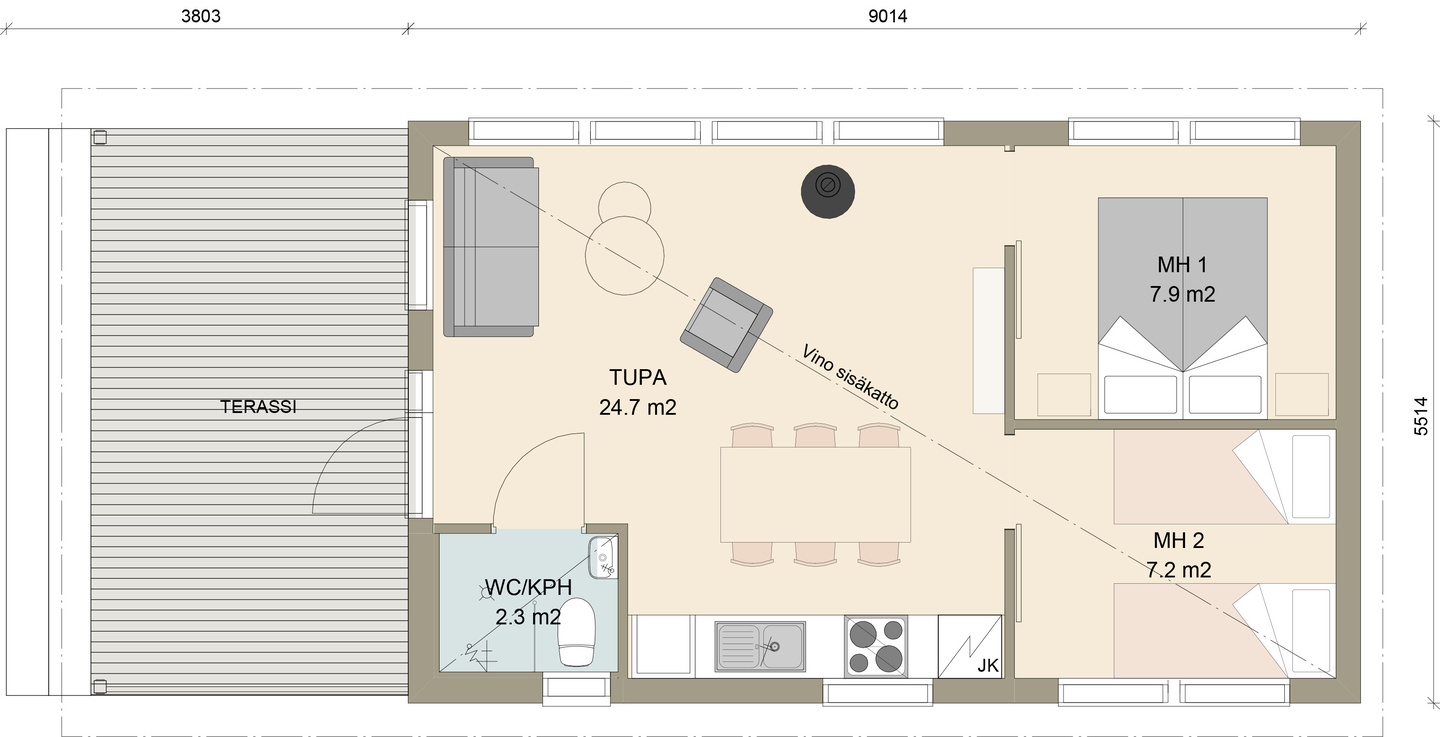Huvila Pontti H150 50m² tupakeittiö ja 2 x makuuhuone