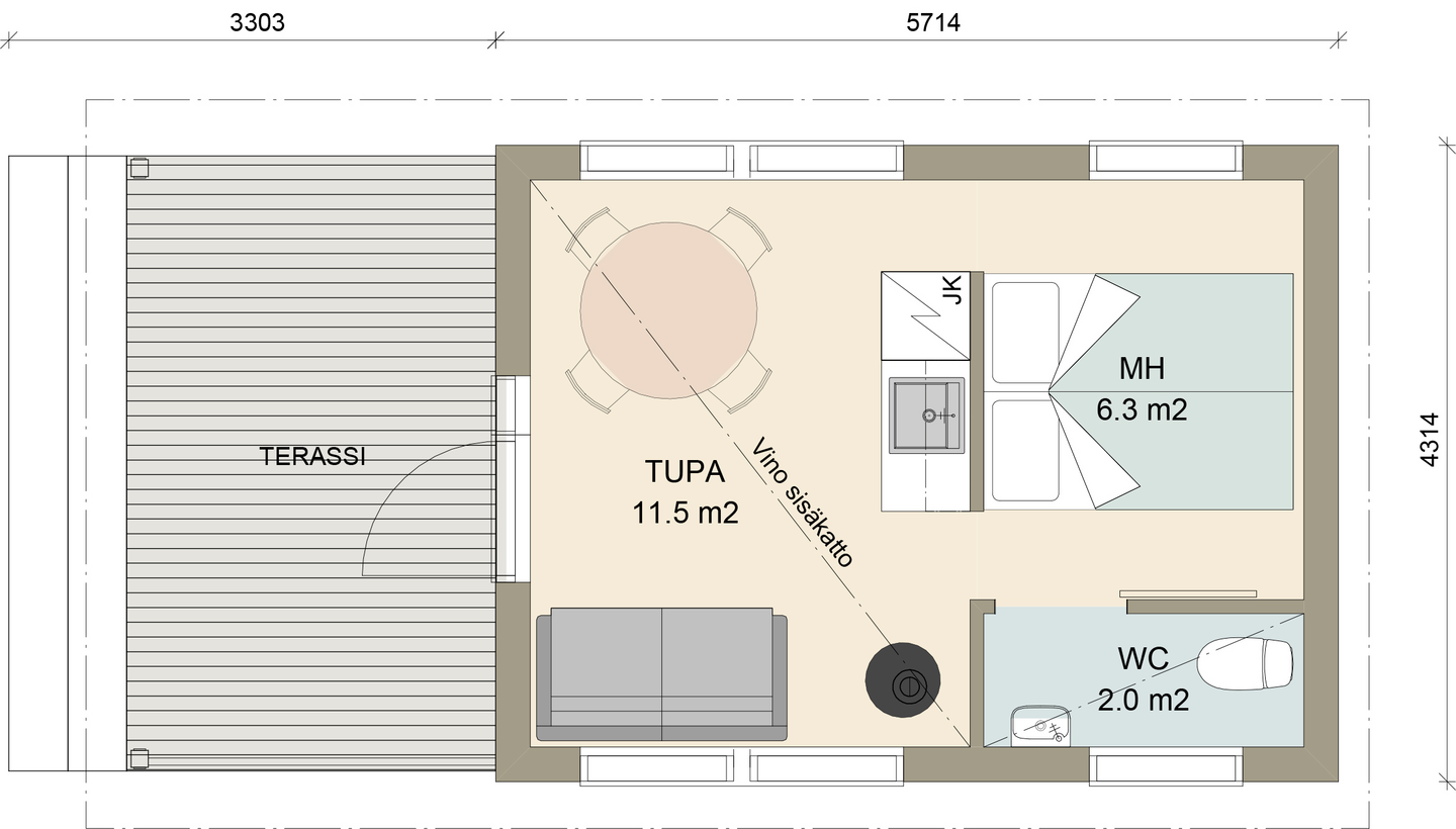 Huvila Pontti H125 tupa, makuuhuone ja wc
