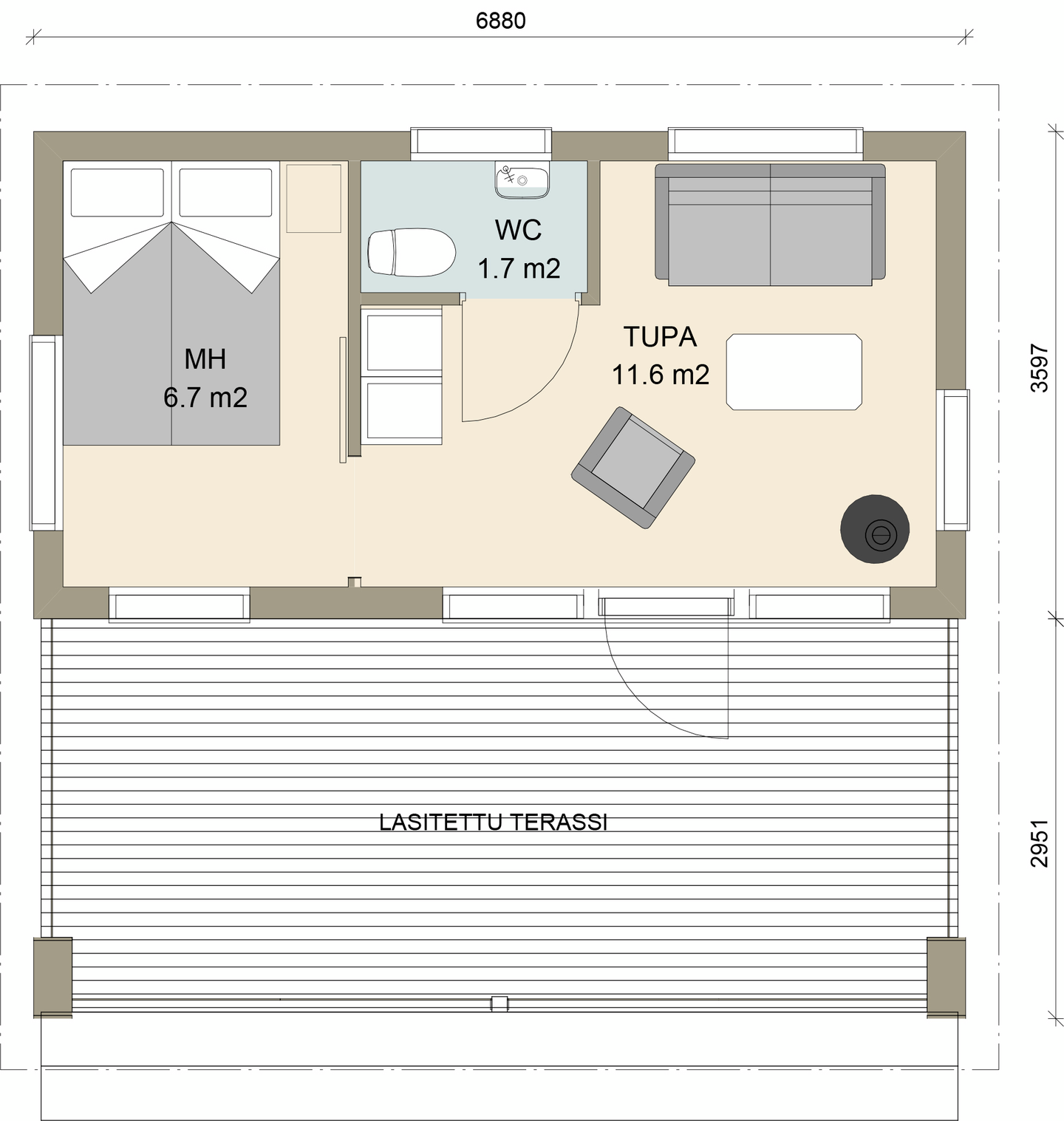 Huvila Pontti H425 25m² tupa, makuuhuone ja wc