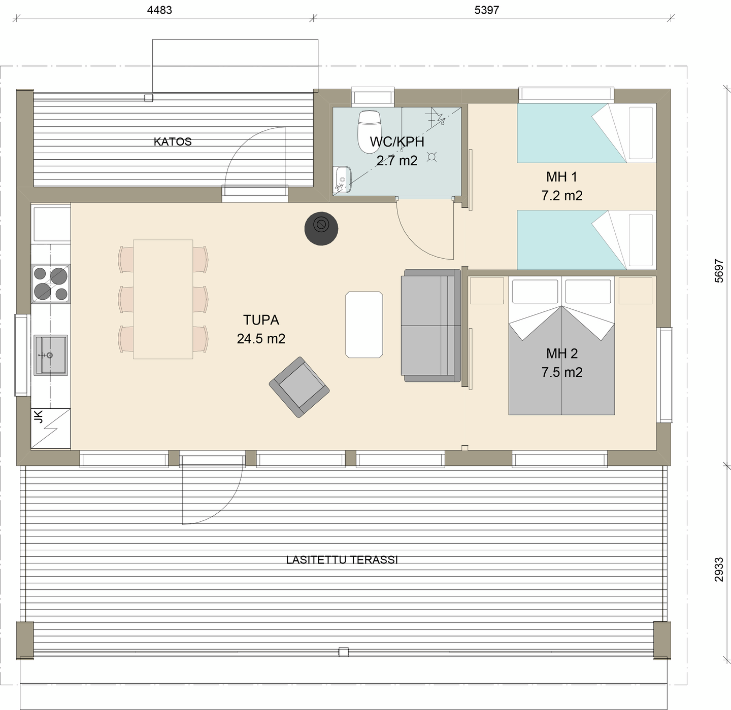 Huvila Pontti H450 50m² tupakeittiö, wc ja 2 x makuuhuone