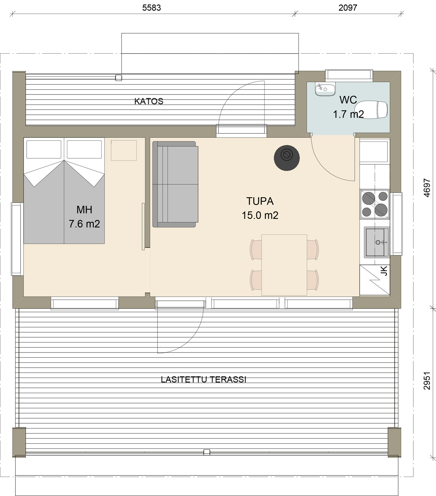 Huvila Pontti H430 30m² tupa, wc ja makuuhuone