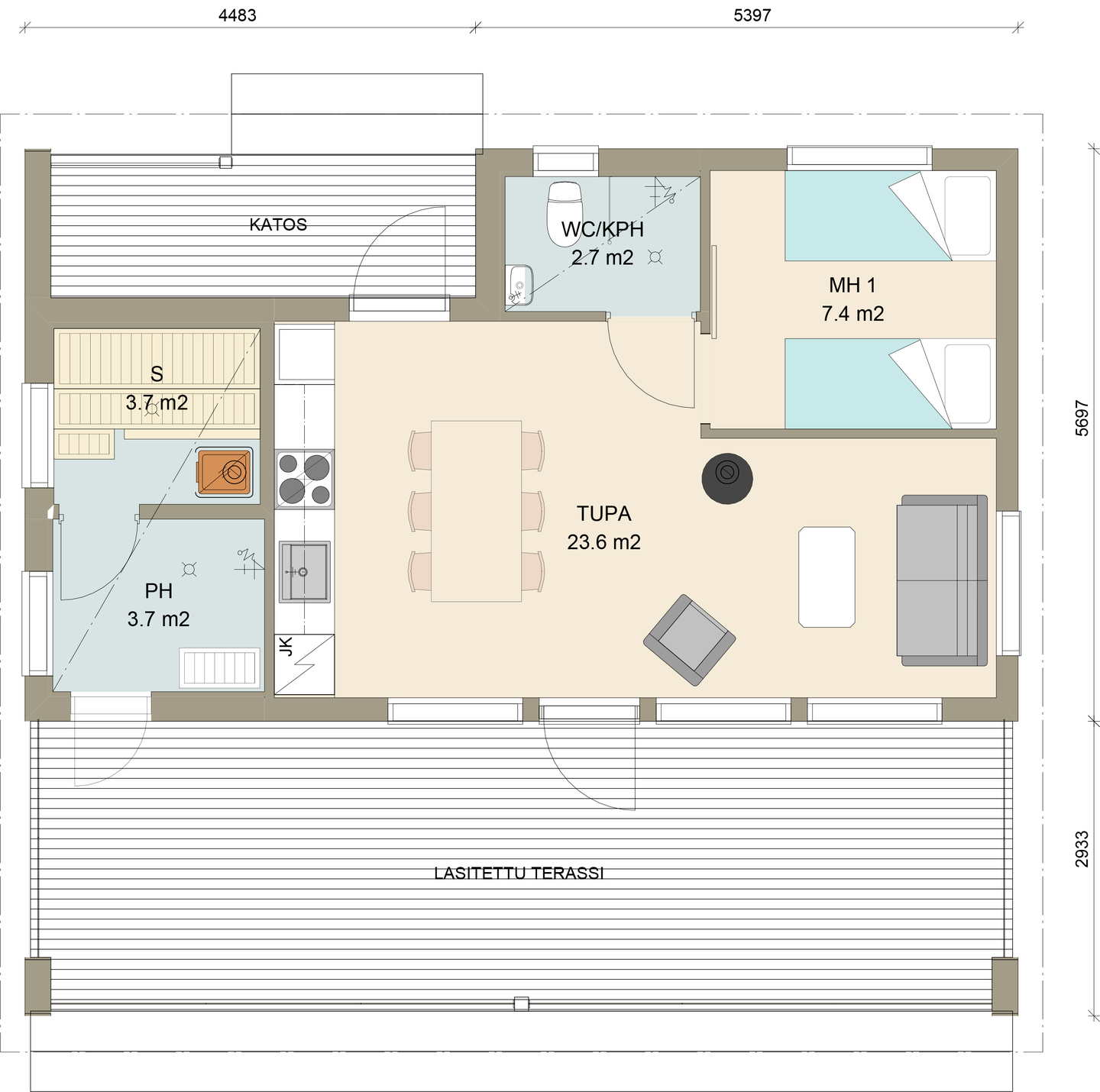 Huvila Pontti H450S 50m² tupakeittiö, makuuhuone, wc ja sauna