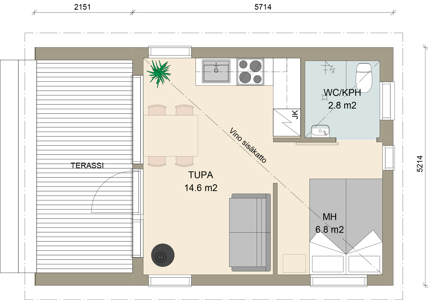 Huvila Pontti H330 30m² tupakeittiö, makuuhuone ja wc