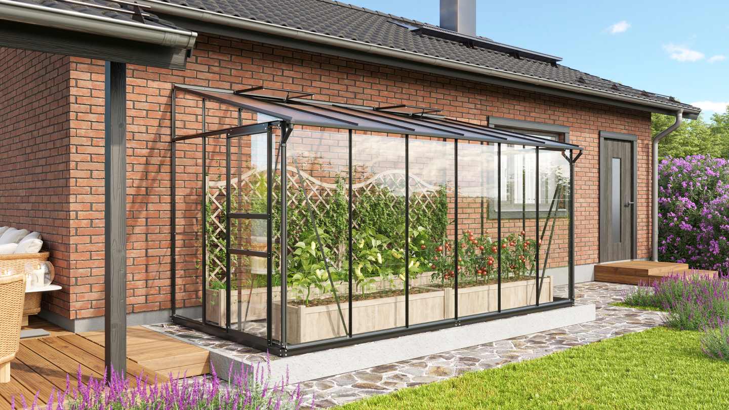 Seinäkasvihuone Vitavia Ida 7800 karkaistu lasi, musta alumiinirunko, sokkelilla