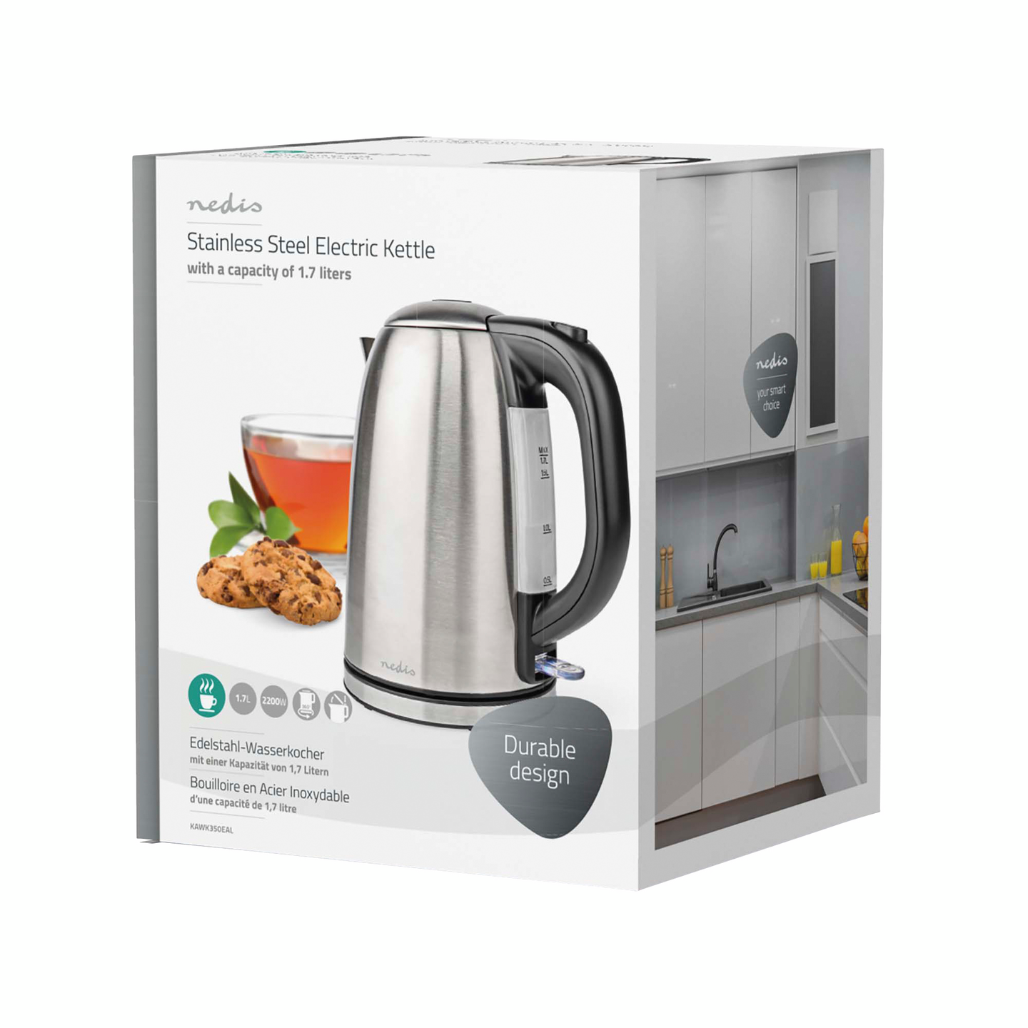 Vedenkeitin Nedis 1,7l ruostumaton teräs pyörivä Strix®-ohjain