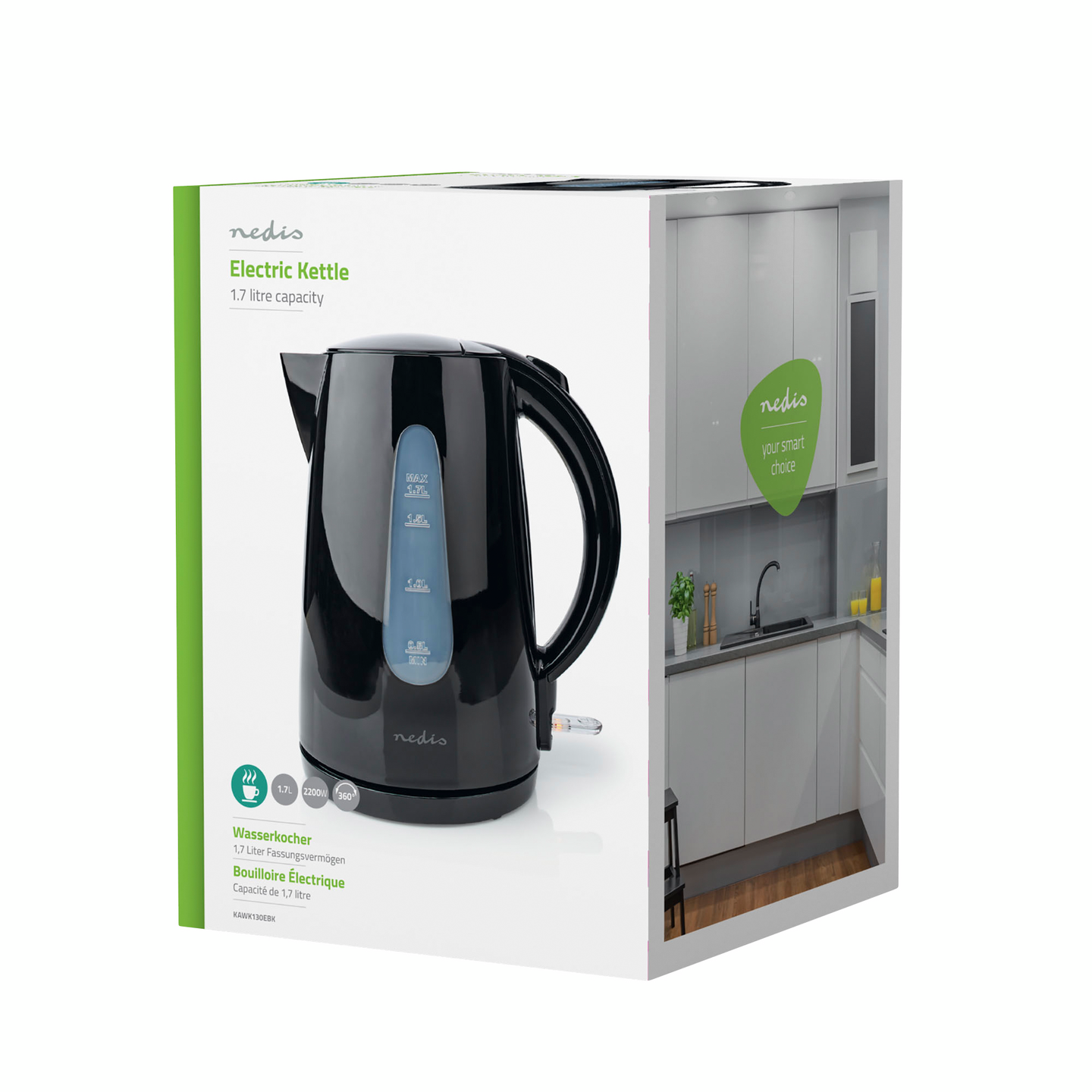 Vedenkeitin Nedis 1,7l musta pyörivä Strix®-ohjain