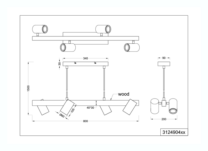Riippuvalaisin TRIO Marley GU10 4-osainen 80cm mattamusta/puu