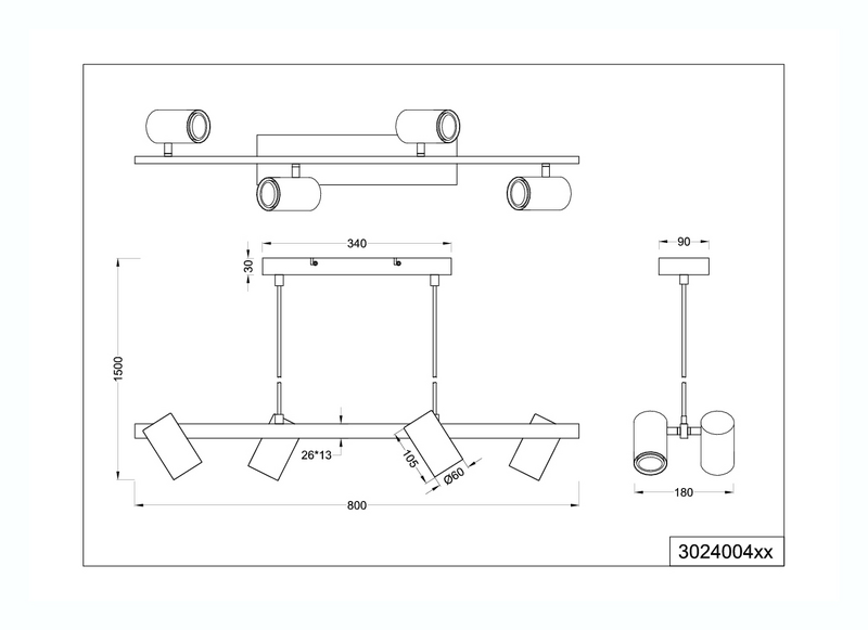 Riippuvalaisin TRIO Marley GU10 4-osainen 80cm mattamusta