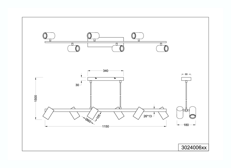 Riippuvalaisin TRIO Marley GU10 6-osainen 115cm mattamusta