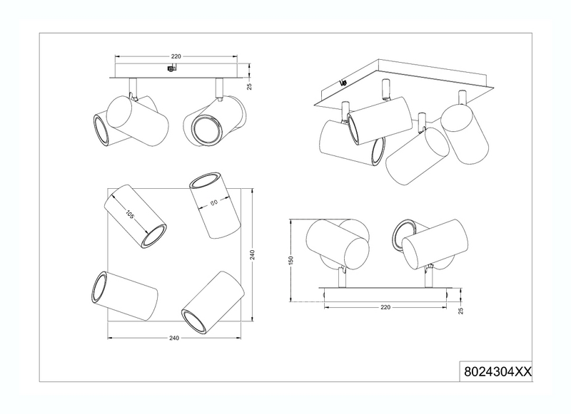 Spotti TRIO Marley GU10 4-osainen neliö mattamusta