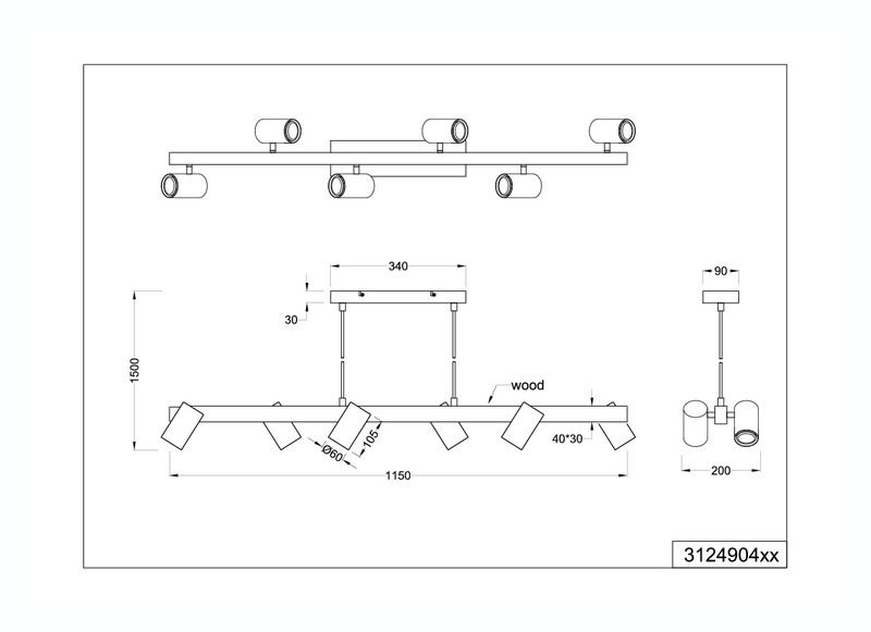 Riippuvalaisin TRIO Marley GU10 6-osainen 115cm mattamusta/puu