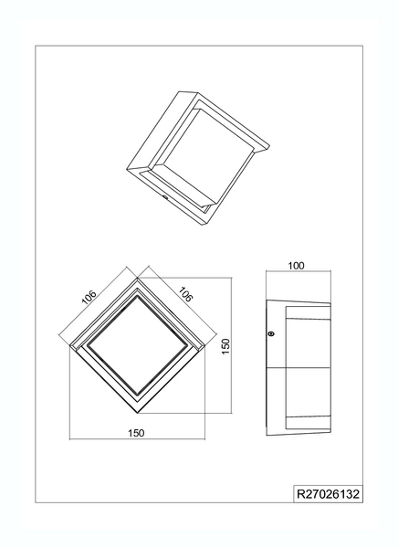 Seinävalaisin TRIO Puno led 800lm neliö mattamusta