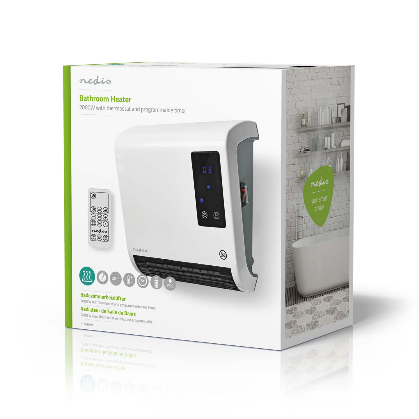 Lämmitin Nedis 2000W kylpyhuoneeseen säädettävä termostaatti
