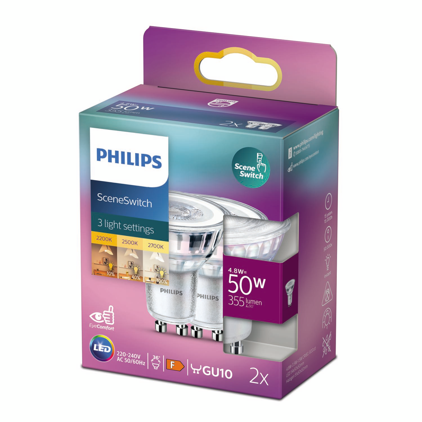 Led-kohdelamppu Philips SceneSwitch 50W GU10 lämmin valkoinen 2kpl
