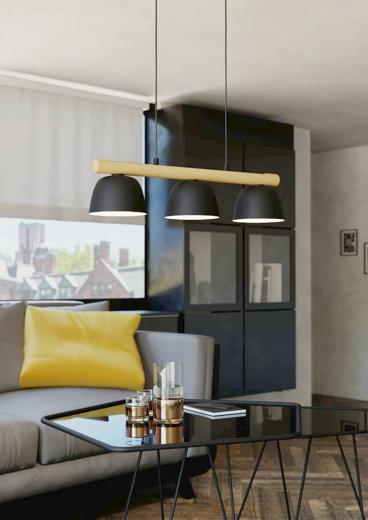 Riippuvalaisin EGLO Sherburn 3-osainen 3x40W 77x20cm musta/puu