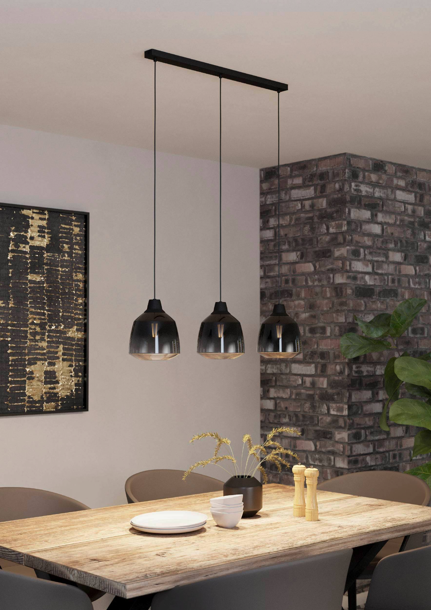 Riippuvalaisin EGLO Sedbergh 3-osainen 40W 90x20 cm musta/harmaa-musta savulasi