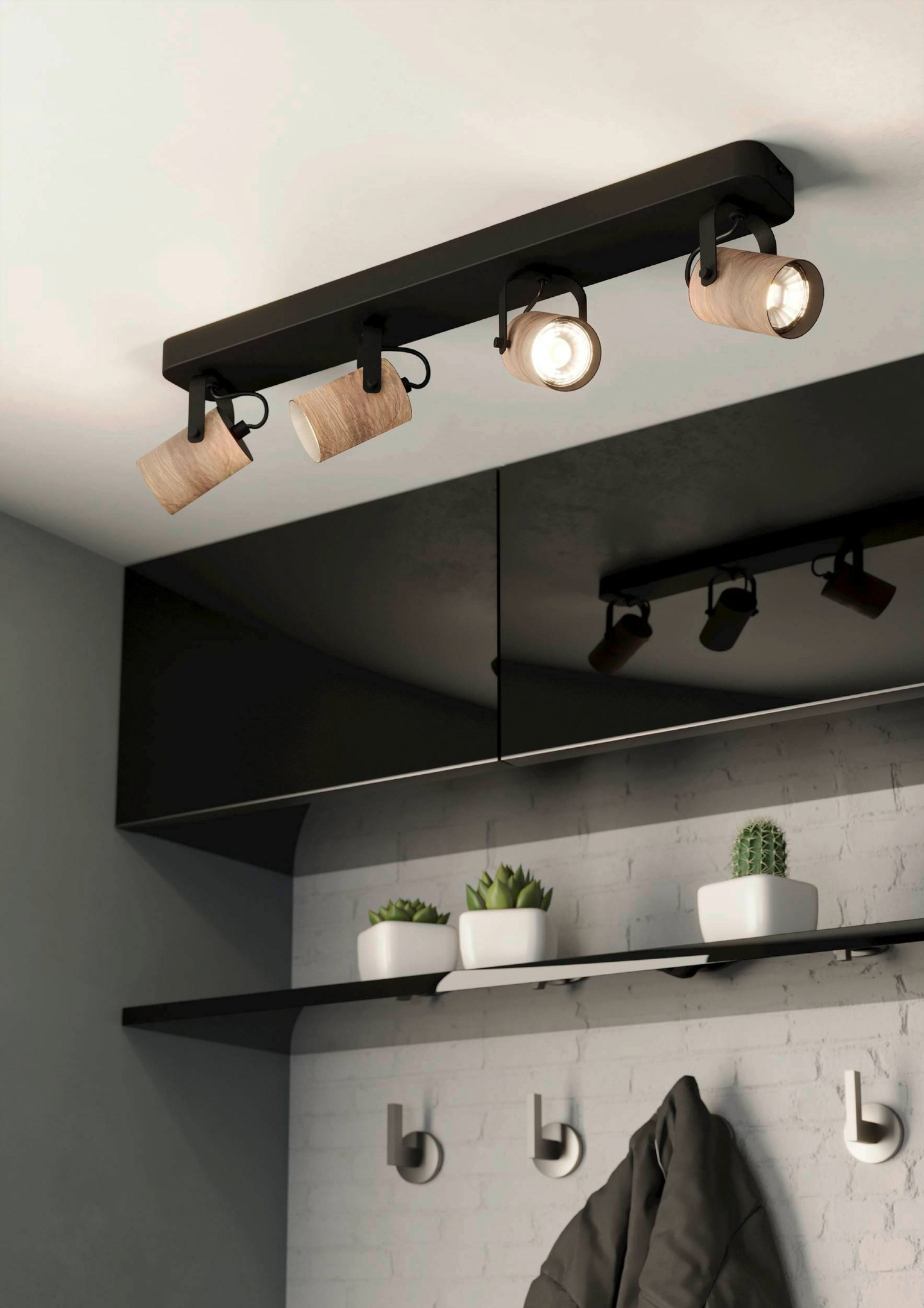 Spottivalaisin EGLO Cayuca led 4-osainen 4x3W 58x10cm musta/puu