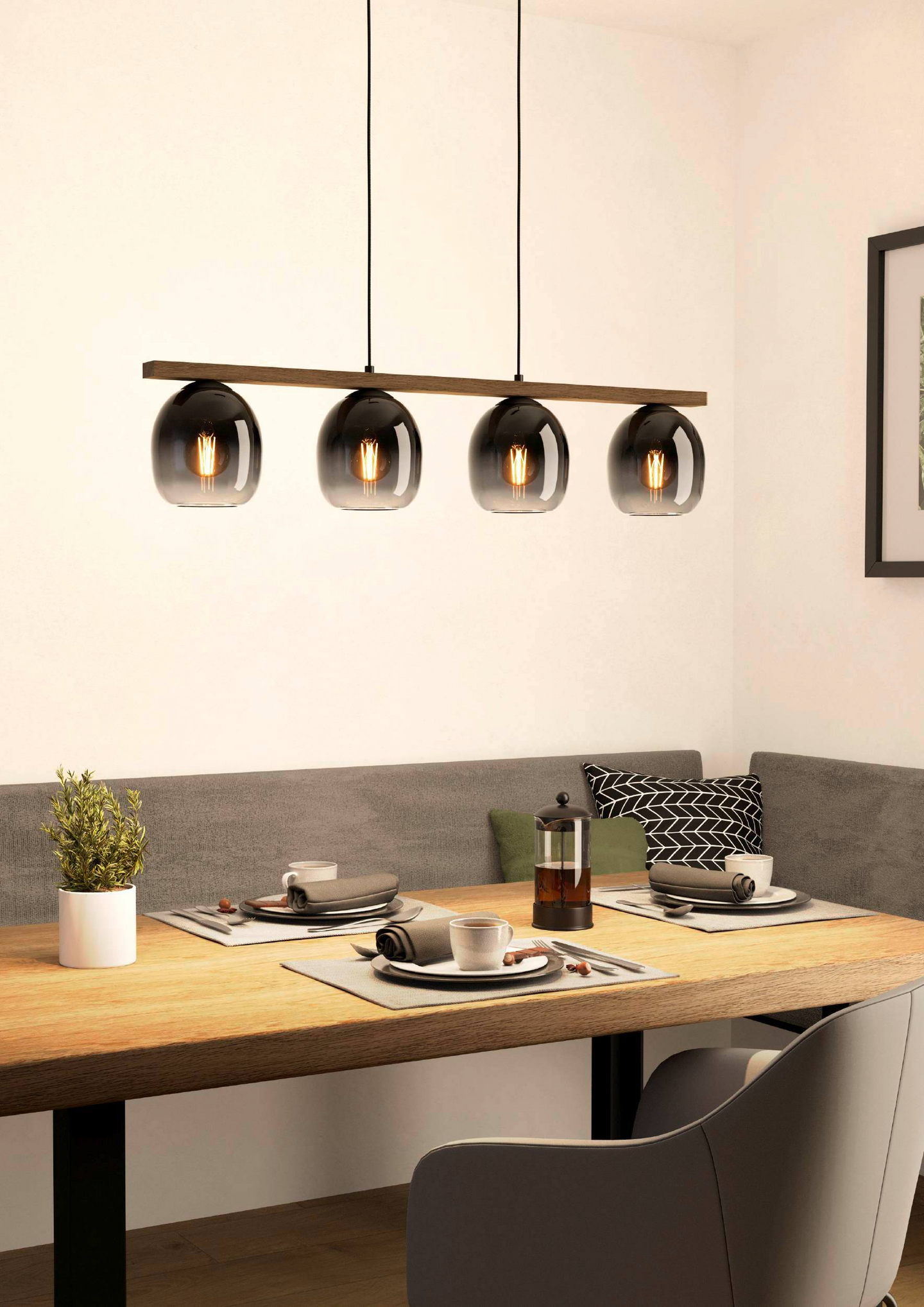 Riippuvalaisin EGLO Filago 4x40W 88x14,5cm savulasi/puu