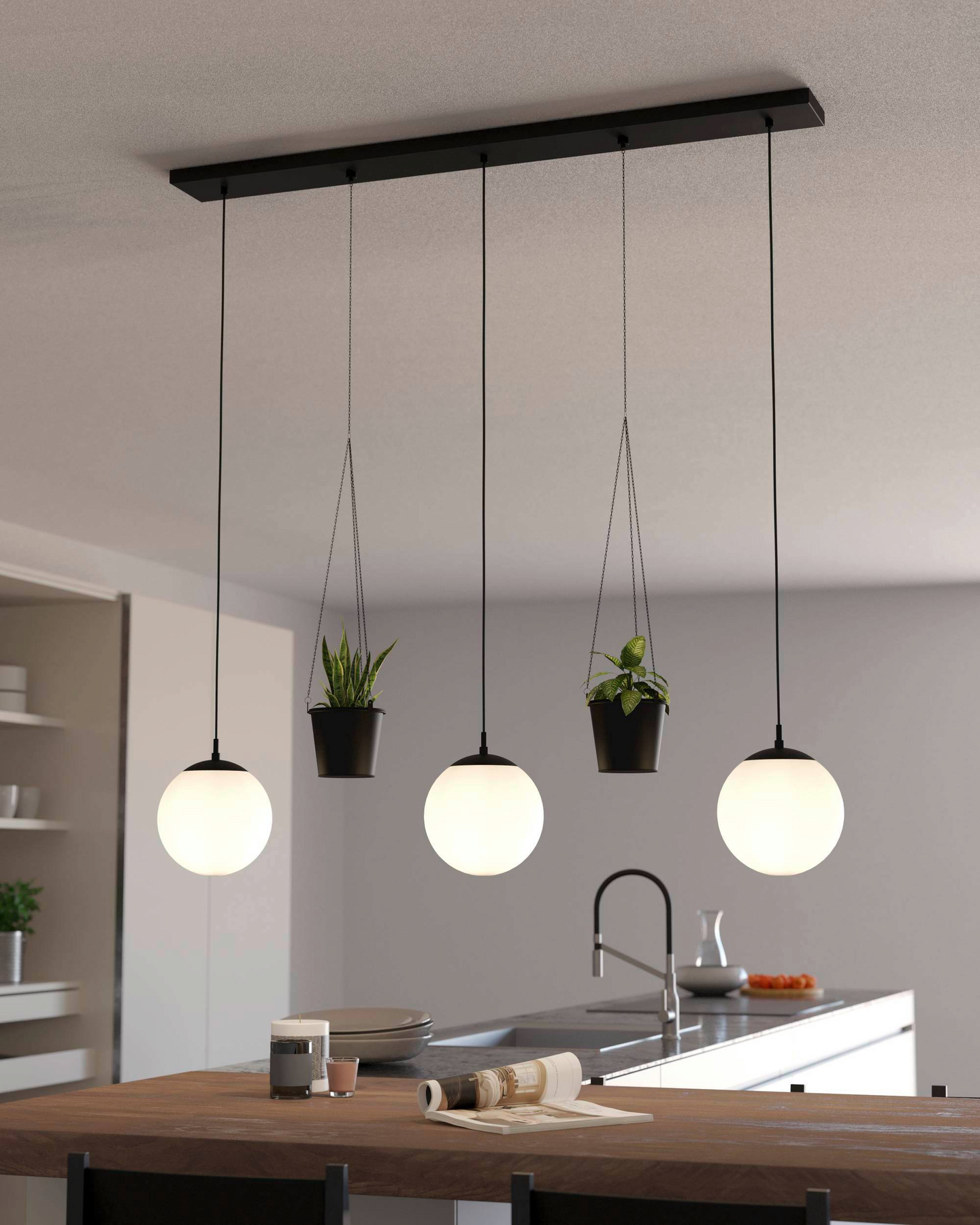 Riippuvalaisin EGLO Rondo 3 kukkaruukuilla 3x40W 121x20cm valkoinen/musta