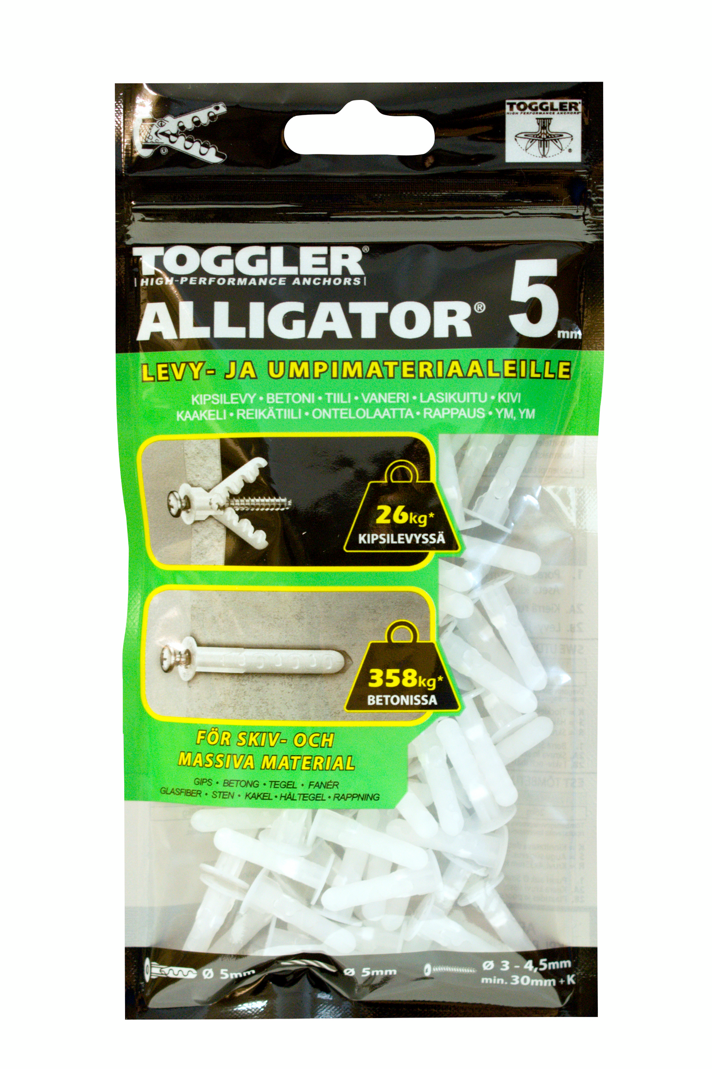 Tulppa Toggler Alligator AF5 5mm laipalla 5mm 100kpl