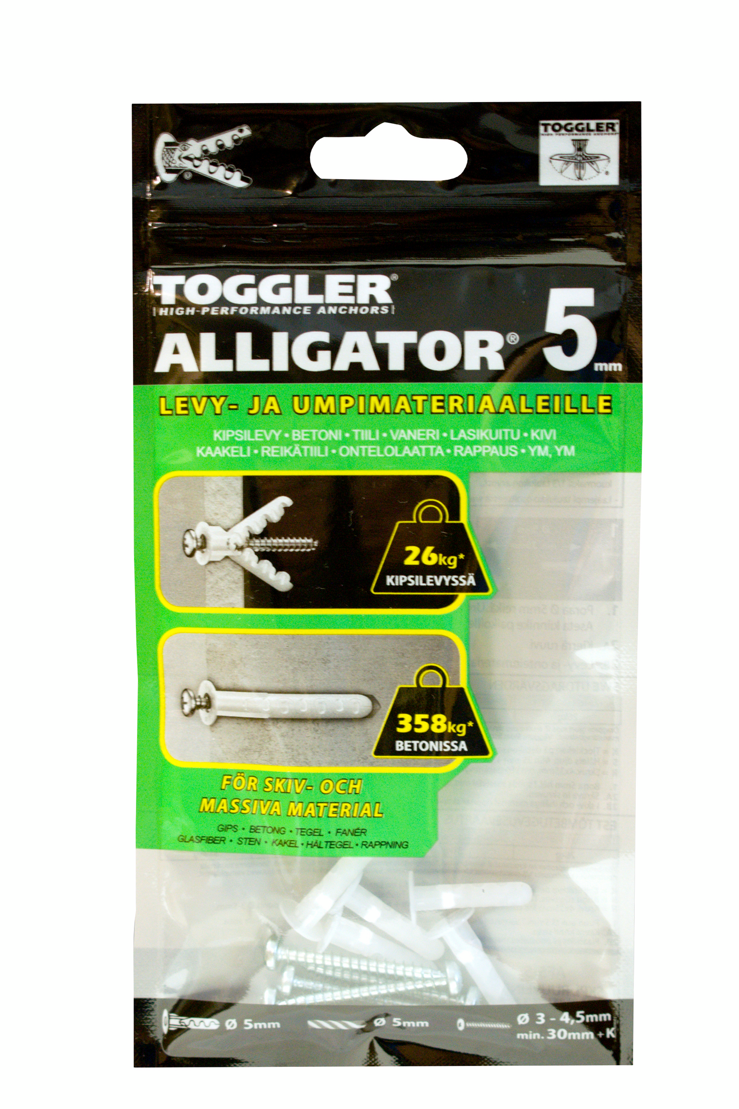 Tulppa Toggler Alligator AF5 5mm laipalla + ruuvit 5kpl