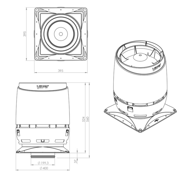 Ilmanvaihdon poisto VILPE Flow 200S 400x400 musta