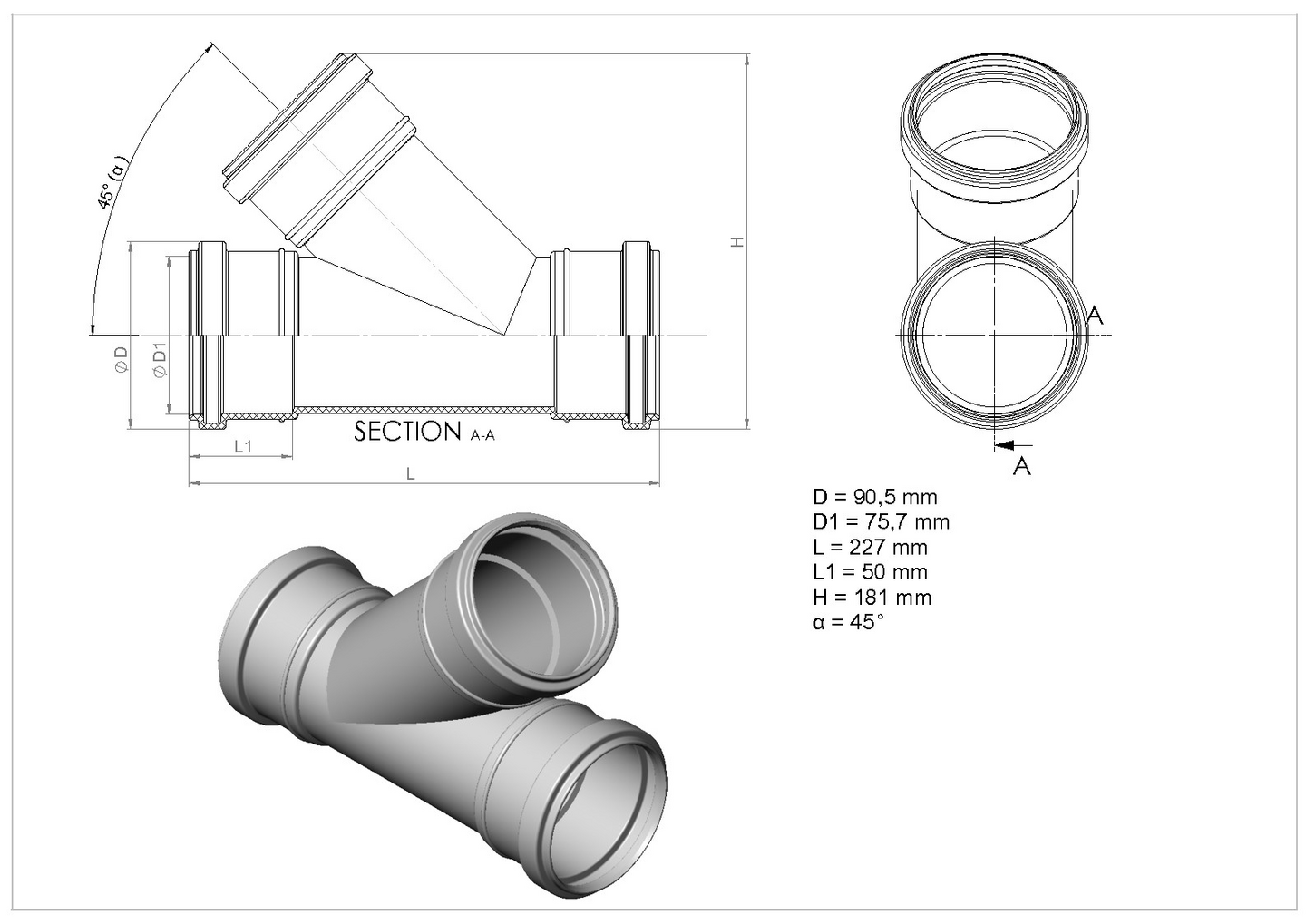 Viemärin muhvihaara Uponor 75/75x45