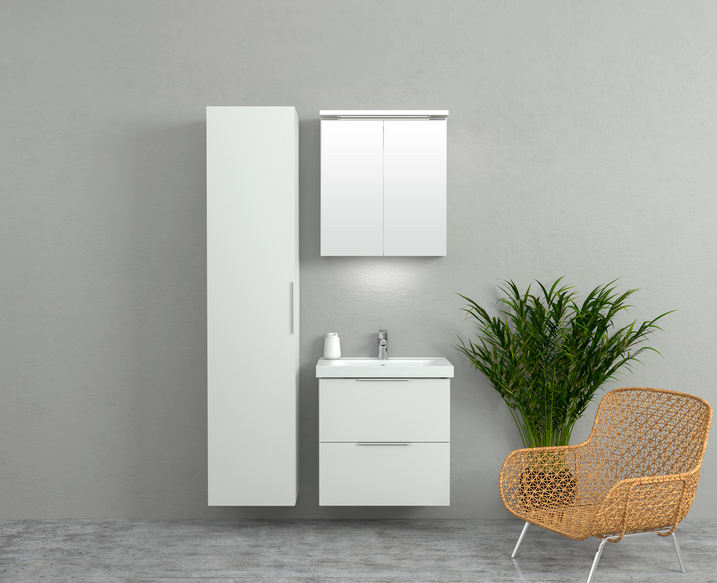 Korkea kaappi Temal kahdella korilla, kolmella hyllyllä ja oikeakätisellä ovella