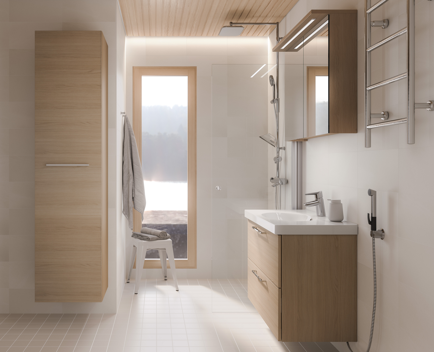 Korkea kaappi Temal kahdella korilla, kolmella hyllyllä ja oikeakätisellä ovella