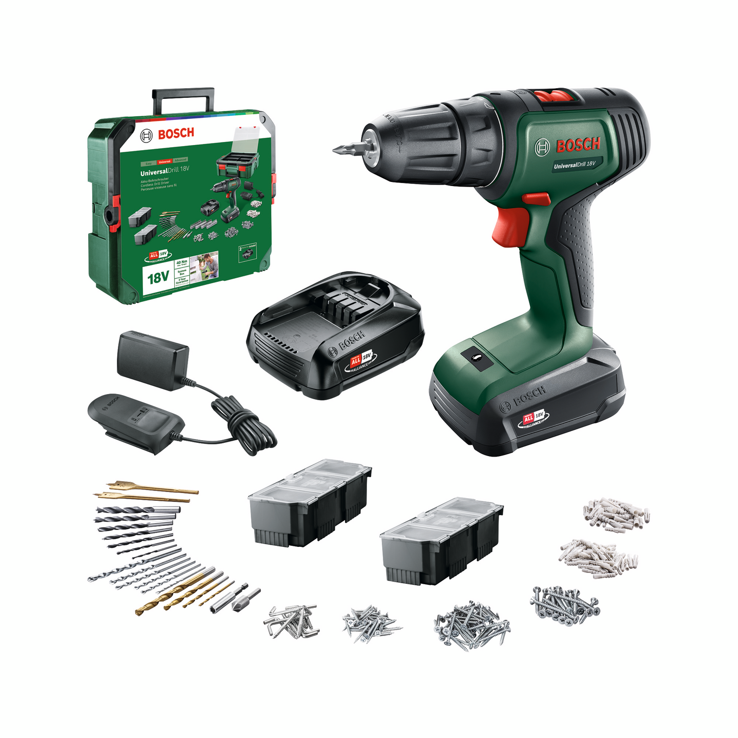 Akkuporakone Bosch UniversalDrill 18V 2x1,5Ah + Systembox