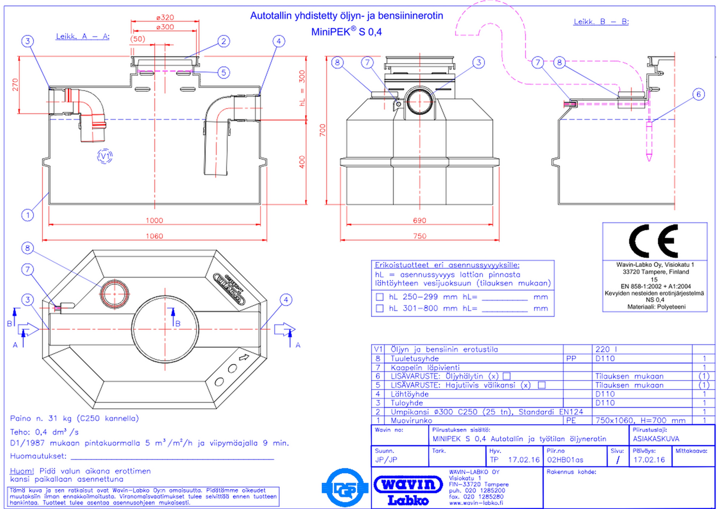 Öljyn- ja hiekanerotin Wavin Labko 0,4 12,5tn MiniPEK