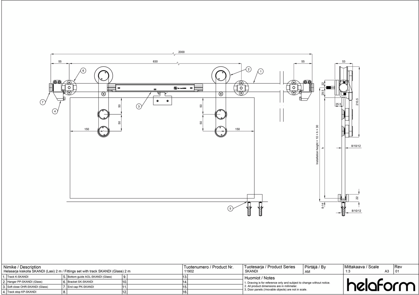 Helasarja Helaform SKANDI kiskolla 2 m lasiovelle